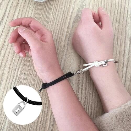 2PCS Lock Key Couple Bracelets for Women Men Charm Friendship Rope Braided Distance Magnetic Bracelet Lover Rope Jewelry