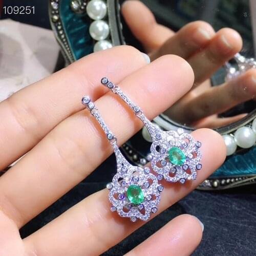 Ethnic ancient Hollowing out 100% natural green emerald earrings Natural gemstone earrings S925 silver female party gift jewelry