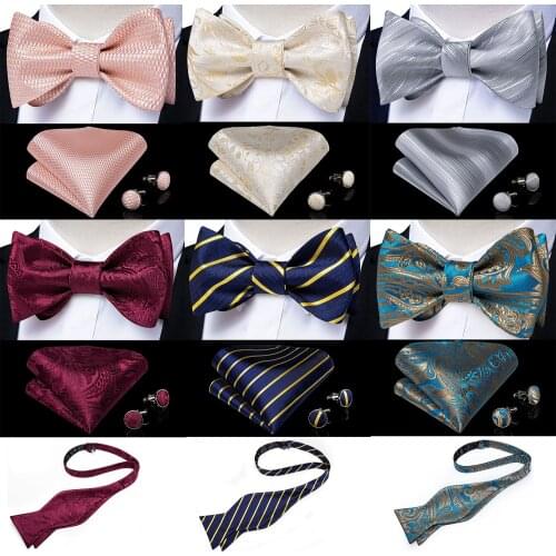 Mens bow tie self tie silk butterfly fashion wedding party red pink blue striped paisley bowknot tie set hanky cufflink DiBanGu