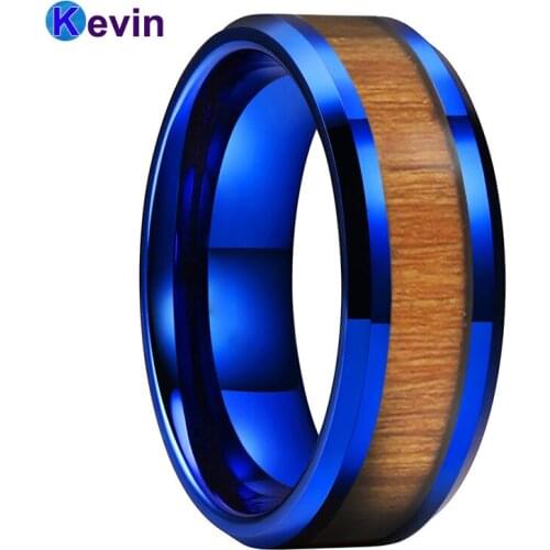 Blue Tungsten Carbide Wedding Ring For Men Women With Yellow Peach Trees Wood Inlay 8MM Comfort Fit