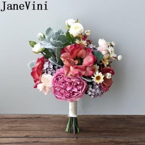 JaneVini Vintage Pink Bridal Silk Flower Bouquet White Western Style Bride Small Wedding Bouquet Bridesmaid Flowers Roze Bloemen