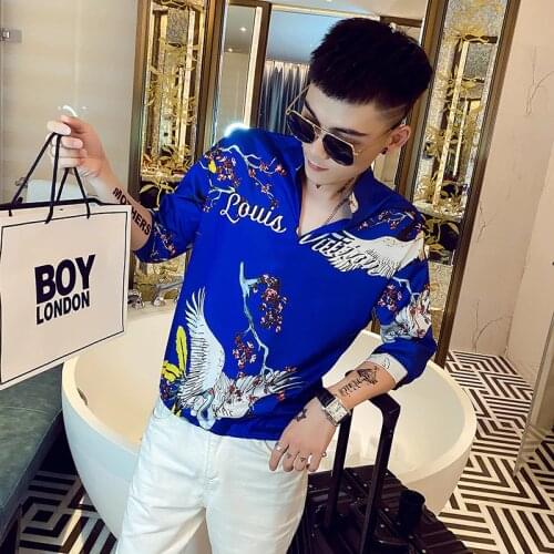 Chinese Style Crane Print Men Shirts Short Sleeve Pullover Shirt Silk Casual Streetwear Social Blouse Club Party Tuxedo Clothing