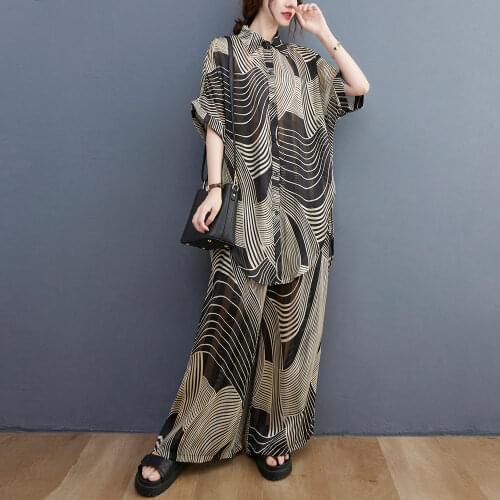 Two Piece Set Suits For Women Plus Size 4XL 5XL 6XL Summer Chiffon Sets Vintage Elegant Wide Leg Pants And Striped Blouse Outfit