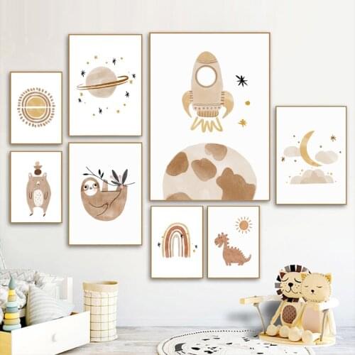 Sloth Bear Dinosaur Sun Moon Rainbow Rocket Earth Boho Wall Art Canvas Painting Posters And Prints Wall Pictures Kids Room Decor