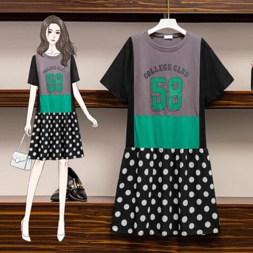 EHQAXIN Summer Large Size Ladies Splicing Dress Fashion New Contrast Color Polka Dot T-Shirt Dress Loose Casual Round Neck L-4XL