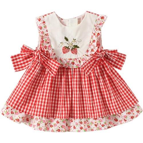 Summer Toddler Girl Dresses Vintage Lolita Cotton Dress Strawberry Embroidery Plaid Princess Costume Party Clothing for Baby