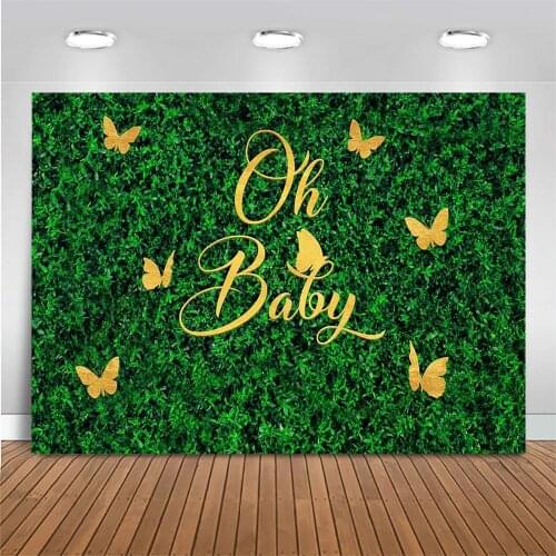 Mocsicka Green Grass Wall Oh Baby Newborn Baby Shower Backdrop Gold Butterfly Customizable Photo Background Decoration Photocall