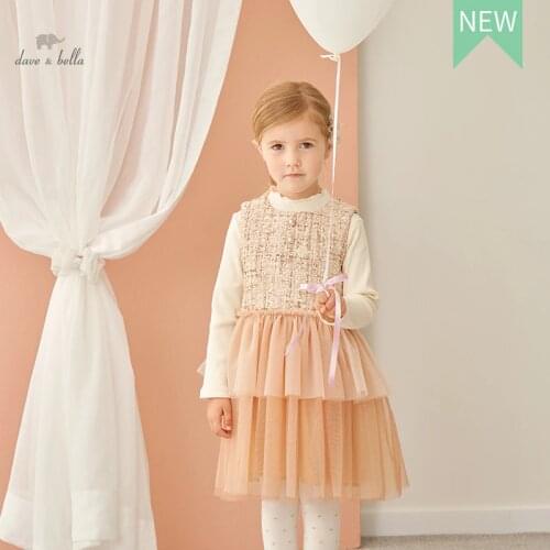 DKY19586-K dave bella autumn girls fashion letter solid print draped dress children sweet dress kids infant lolita clothes