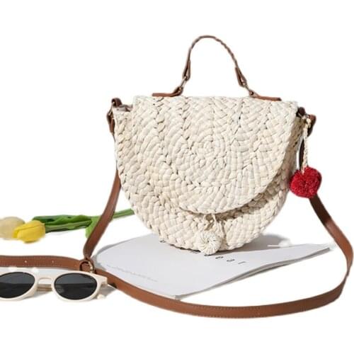 Casual Summer Handmade Straw Bags Women Rattan Handbag Half Moon Shoulder Bags All-Match Travel Weave Messenger Crossbody Bag
