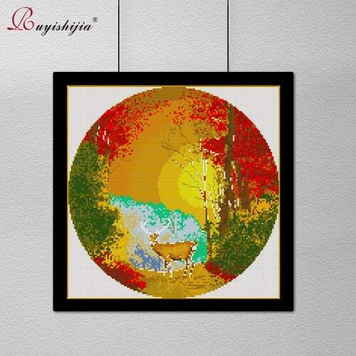 RUYISHIJIA Cross Stitch Kits Handmade Needlework Forest deer Embroidery Cross-Stitch DIY Embroidery Hoop