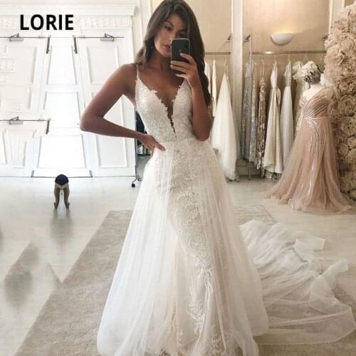 LORIE Boho Wedding Dresses Mermaid Lace V-Neck Wedding Gown with Detachable Train Vintage White Ivory Luxury Bridal Dress 2021