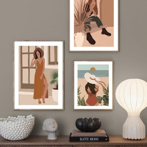 Boho Fashion Summer Woman Wall Art Beach Coconut Trees Canvas Painting Nordic Posters and Prints Pictures for Living Room Decor