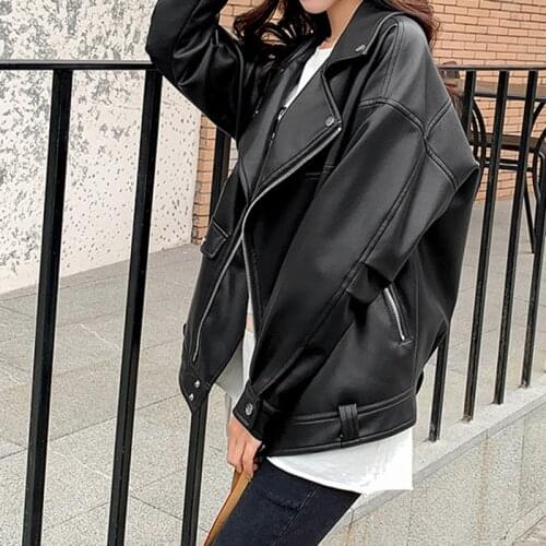 2021 New Faux Leather Jacket Women Casual PU Loose Motorcycle Jackets Female Streetwear Oversized Coat Korean Chic New Spring