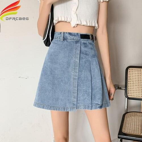 High Waist A Line Pleated Denim Skirt Women With Belt 2020 New Arrival Casual Blue Mini Denim Skirts Womens Jean Saias Hot Sale