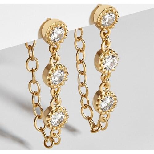 Gold Moon Heart Long Chain Stud Earrings For Women Fashion CZ Tassel Double Circle Huggies Jewelry Ear Piercing