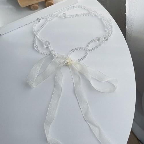 Origin Summer Sweet White Crystal Beads Pendant Necklace for Women Girls Temperament Bowknot Bandage Holiday Necklace Jewelry