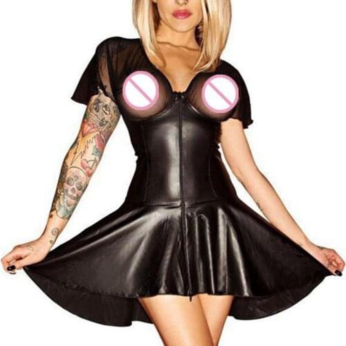 New Pole Dancing Dress New Arrival Women Catsuit Faux Leather Dress DS Latex Costume Sexy Mesh Mini Dress Plus Size XXL