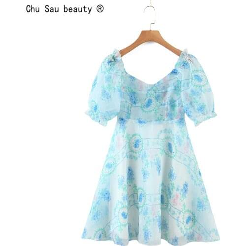 French Vintage Fairy Puff Sleeve Square Collar Waist Organza 2021 Summer Dress V-Neck Printed Dress Loose Women Zipper