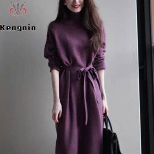 2021 Autumn Winter Women Turtleneck Sweaters Dresses Knitted Long Sleeve Lady Robe Dress Sashes Bow Thick Female Sweater KE1863