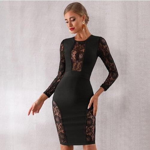 2019 Autumn Celebrity Party Bodycon Bandage Long Sleeve Lace Dress Women Black O-Neck Sexy Hollow Out Night Out Club Vestidos