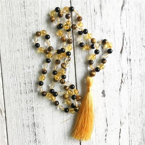 108 Mala Beads Necklace Black Onyx & Tiger Eye & Quartzs Necklace long Necklaces Knotted Tassel Meditation Prayer Necklaces
