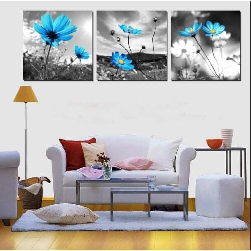 3 Piece Free Shipping Hot Sell Modern Wall Painting Home Decorative Art Picture Paint on Canvas Prints Gray sky blue flowers