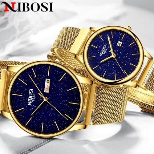 NIBOSI Rose Blue New Couple Watch Luxury Quartz Mens Watch Women Simple Wristwatch Clock Starry Sky Waterproof Lovers Gift Watch