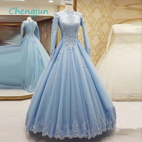 Chengjun New Arrivals High Neck Lace Blue Long Sleeve Muslim Wedding Dress