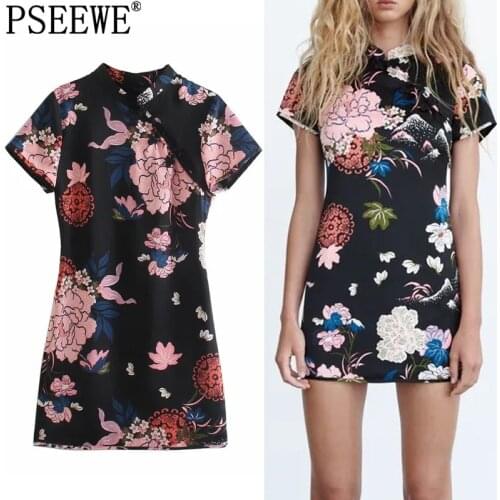 PSEEWE Za Black Satin Dress Woman Floral Short Dresses Women Short Sleeve Summer Dress 2021 Vintage Chinese Style Mini Dress