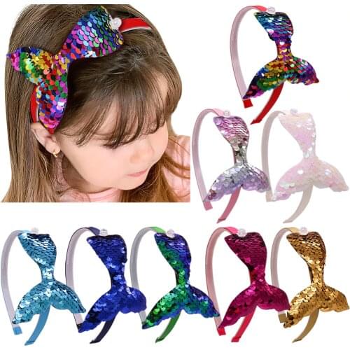 Girls Reversible Sequin Hairbands for Kids Mermaid Pearl Headband Princess Children Hair Hoop Handmade Fashion Hair Accessories