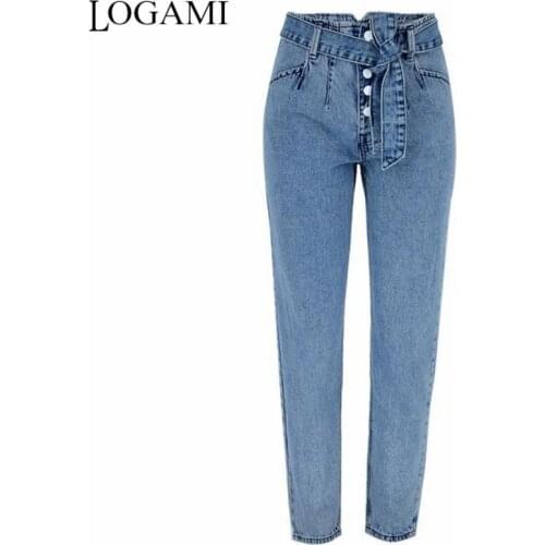 LOGAMI High Waist Mom Jeans Button Casual Pencil Trousers Ladies Denim Pants Spring Summer Streetwear