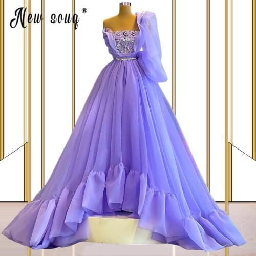 Elegant Purple A Line Prom Dresses 2021 Organza One Shoulder Beads Crystal Evening Special Occasion Gown vestido de festa