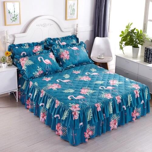 Flamingo Ruffled Thick Quilted Bedspread Wedding Lace Bedskirt Twin Queen King Sheet Cover Flower Bed Skirt