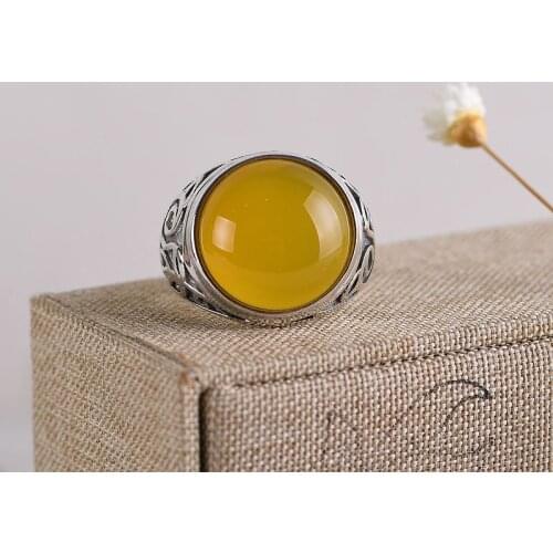 FNJ 925 Silver Ring for Women Jewelry 100% Original Pure S925 Sterling Silver Rings Vintage Yellow Chalcedony