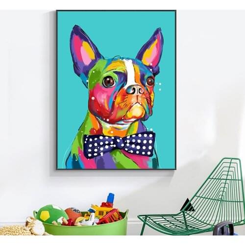 Abstract Colorful Dog With Purple Bow Oil Painting On Canvas 100% Hand Painted Nordic Animal Wall Art For Kids Room Home Decor