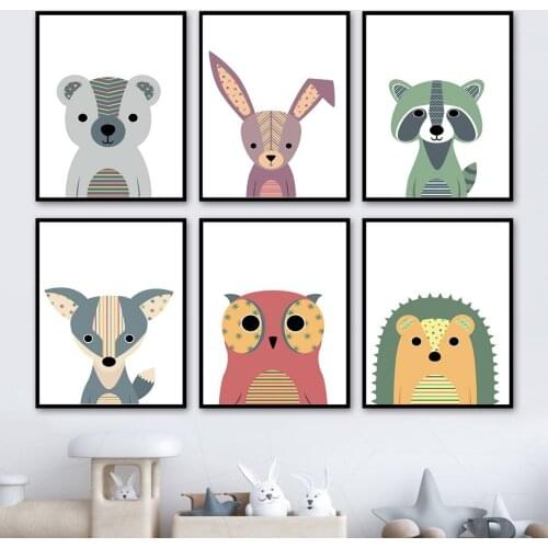 Cartoon Animals Wolf Bear Rabbit Owl Raccoon Nursery Wall Art Print Canvas Painting Nordic Poster Wall Pictures Baby Room Decor