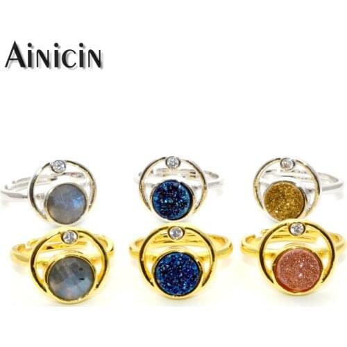 Natural Semi-precious Stone Round Shape Ring Gold Silver Jewelry Blue Gold Druzy Labradorite Fashion Women Jewelry 5pcs/lot