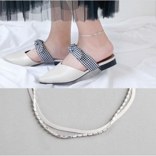 Real 925 sterling silver anklets for women beach accessories, minimalist double layered chains ankle bracelet on the leg jewelry