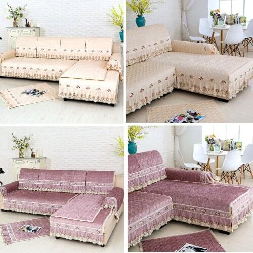 High-end luxury Chenille quilted sofa covers for living room Purple beige Comfort plus thick velvet non-slip couch cover sets
