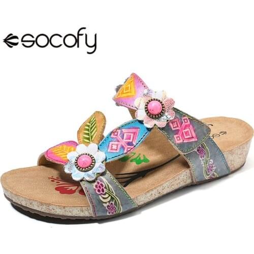 SOCOFY Hand Painted Genuine Leather Retro Gems Floral Pattern Hook Loop Comfortable Sandals Woman Shoes Elegant Shoes For Ladies
