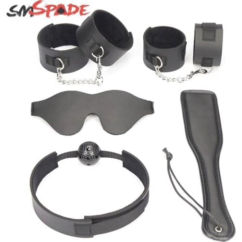 SMSPADE Black 5 Pcs/Set Blindfold,Mouth Gag,Handcuffs & Ankle Cuffs,Paddle BDSM Games Couples Fetish Bondage Adult Sex Toys Kit