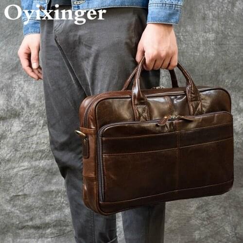OYIXINGER Mens Laptop Bag Vintage Genuine Leather Laptop Handbags Luxury Crazy Horse Male Laptop Briefcase For 15 Inch Notebook