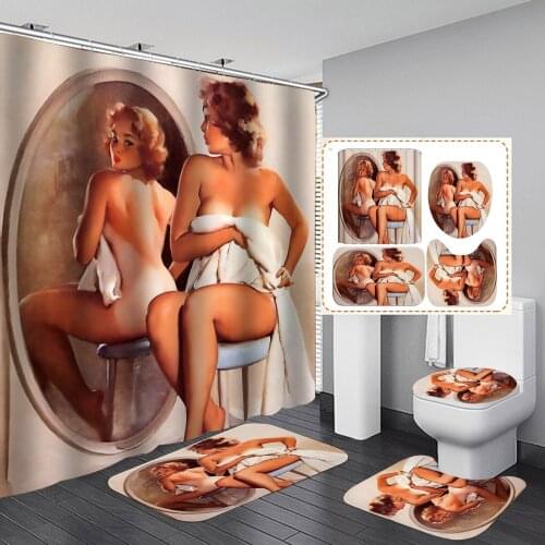 3D Bathing Sexy Girl Fabric Shower Curtain African American Bathroom Curtains Non-Slip Rugs With Toilet Lid Cover Mat Carpet Set