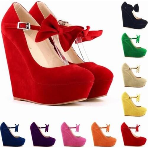 Women Shoes Pumps Round Toe Flock 14CM Sexy Wedding Party Wedges High heels Buckle Strap Butterfly-knot waterproof size 35-42