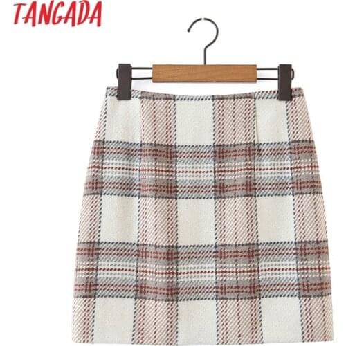 Tangada 2020 Autumn Winter Women Plaid Pattern Tweed Skirts Faldas Mujer Zipper Female Mini Skirt 8H14