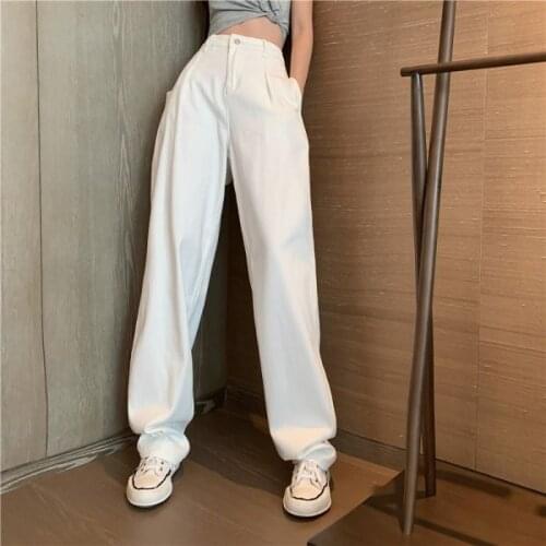 Vintage Harajuku All-Match Full-Length Pants White Woman Jeans High Waist Wide Leg Denim Clothing Leisure Black Streetwear