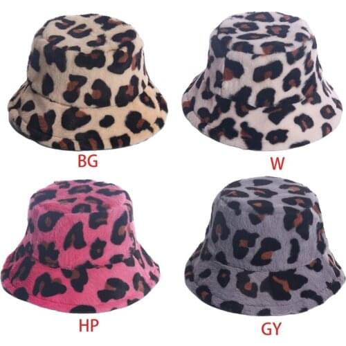 Women Winter Warm Fuzzy Plush Bucket Hat Leopard Print Sunscreen Fisherman Cap 449B