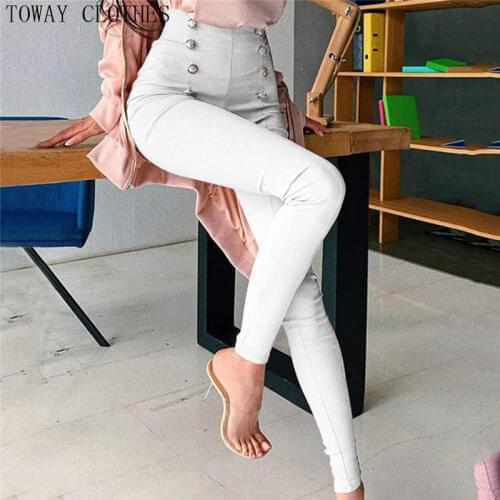 Women Patchwork Double-Breasted Slim Pencil Trousers High Waist Skinny Casual Pants