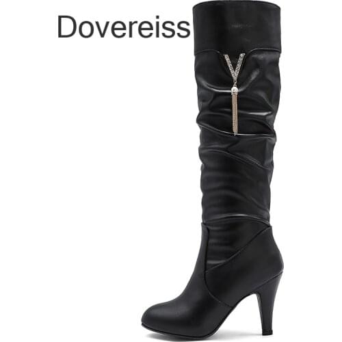 Dovereiss Fashion Female Boots Winter Pink Sexy Elegant Clear Heels Pointed Toe Knee High Boots 42 43