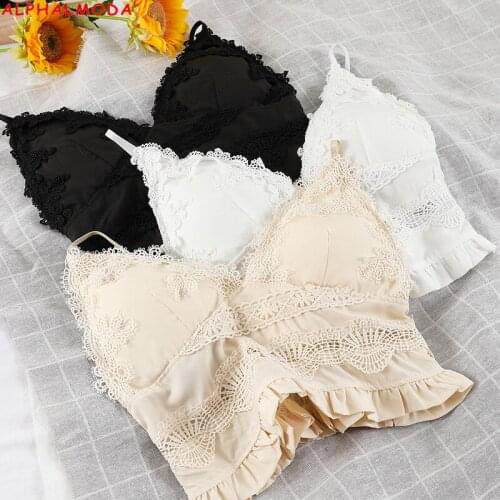 ALPHALMODA 2021 Spring Sexy Versatile Lace Vest Sleeveless Adjustable Strap Lace Details V-neck Cropped Camis Top